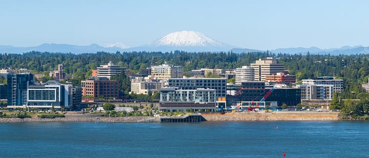 Image of the Vancouver Waterfront on the Columbia River, the stratovolcano Mt. St. Helens is in the background.